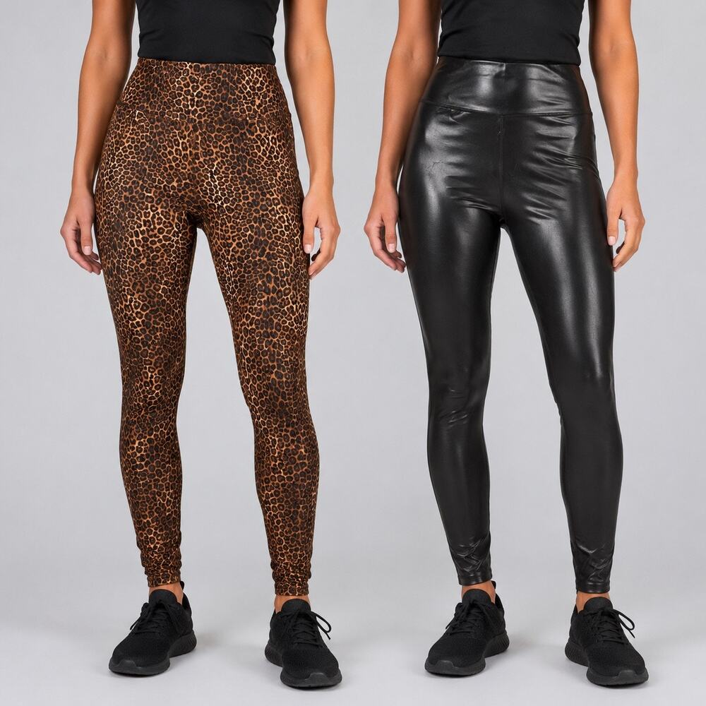 KiraGrace Leggings Bundle Womens M Leopard Ruched Black Faux Leather 2 Pair